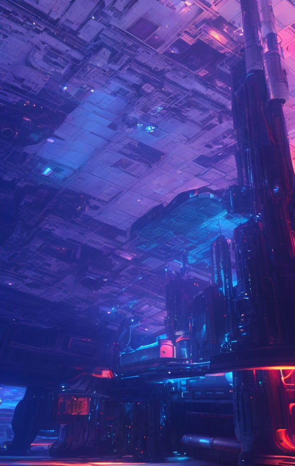 Futuristic cyberpunk interior with neon lighting and high-tech structures