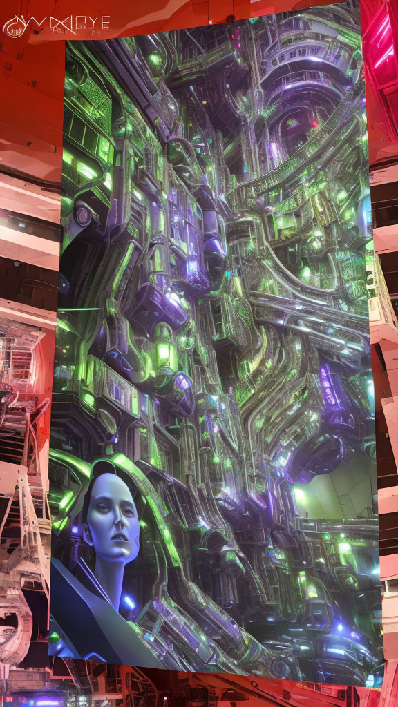 Futuristic female android face with neon-lit cybernetic structure.