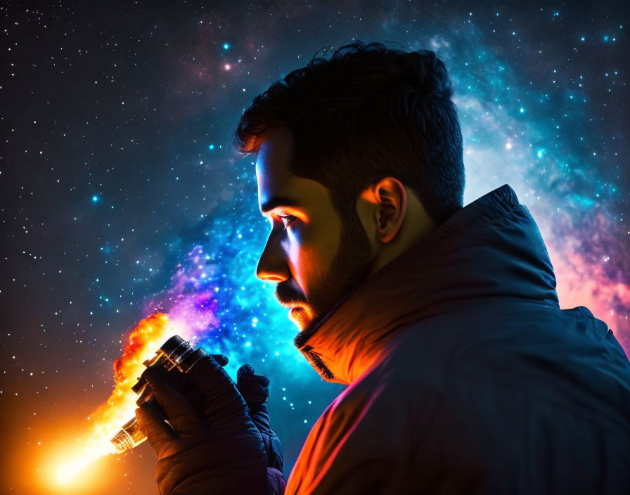 Profile of a man holding a glowing object against a cosmic backdrop.