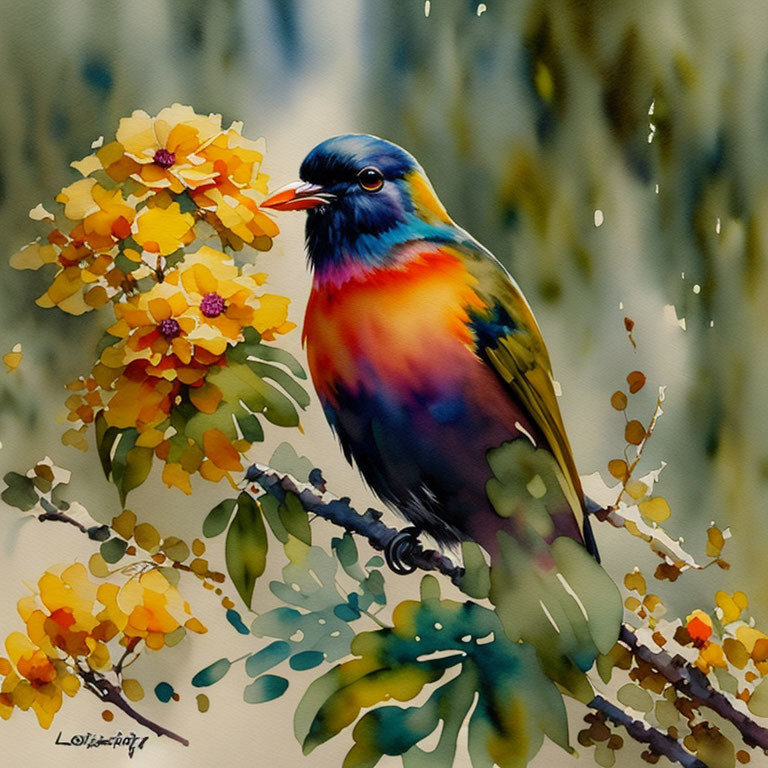 Colorful Bird on Branch with Yellow Flowers in Watercolor Art