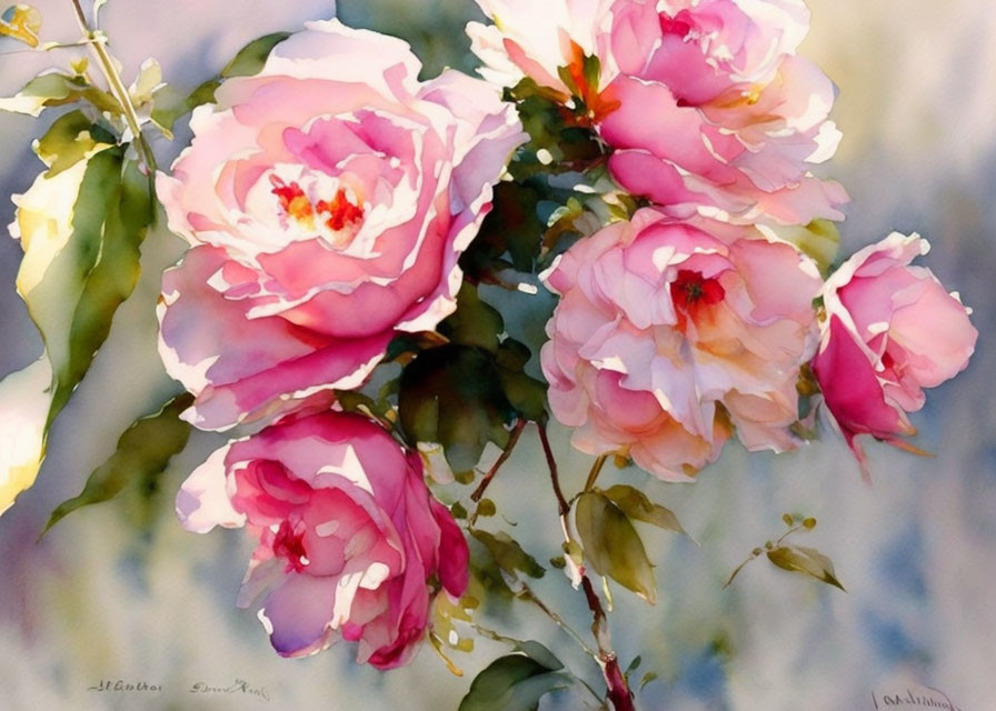 Delicate pink roses with yellow centers in watercolor painting