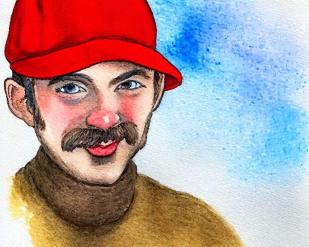 Smiling man portrait in watercolor with red cap and brown mustache