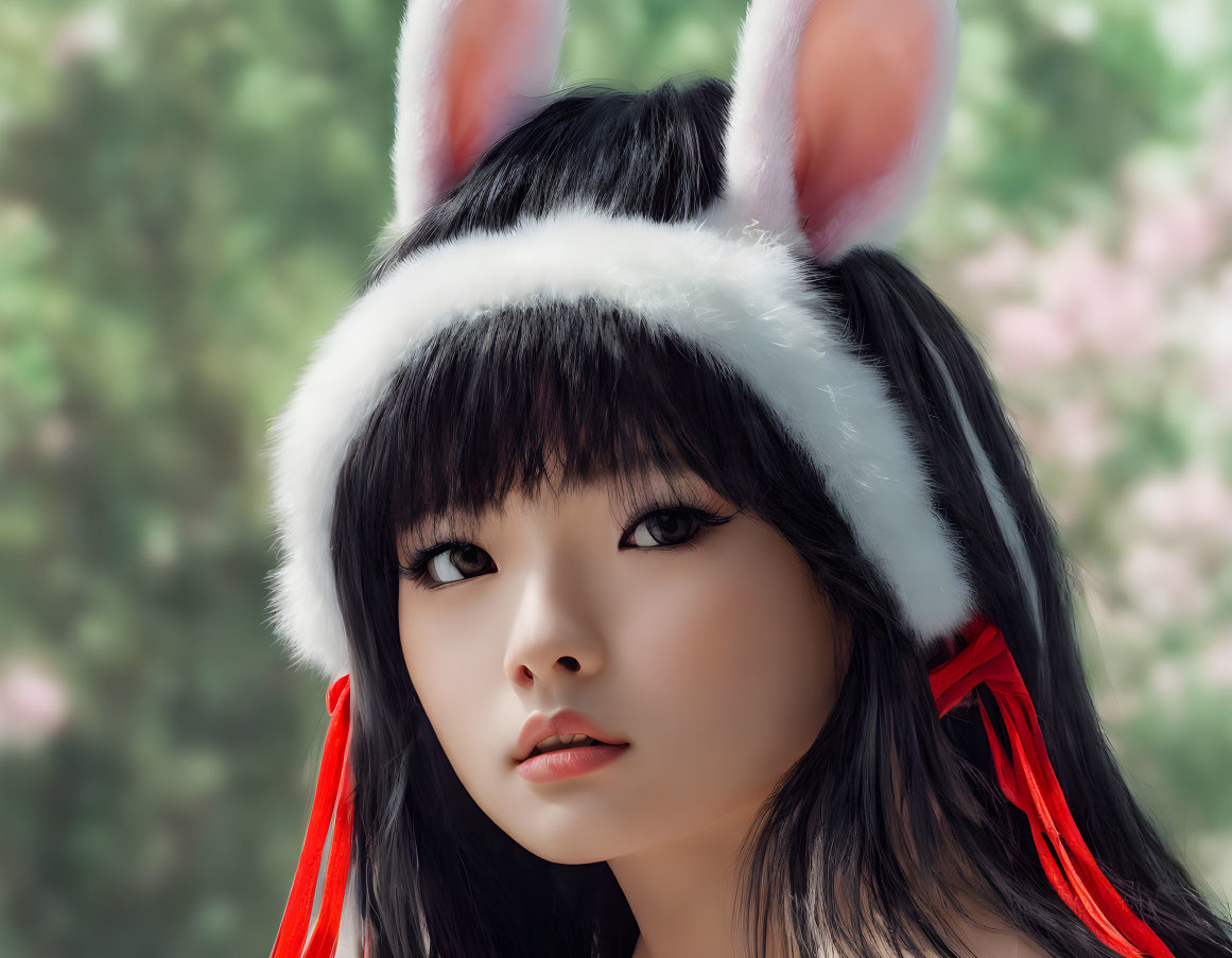 Person wearing large furry rabbit ear headband with black hair and striking makeup on blurred floral background