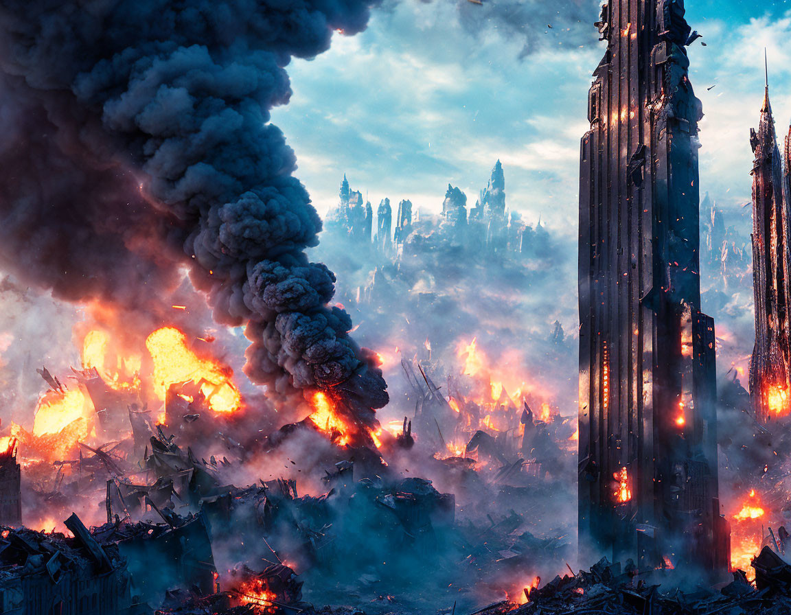 Apocalyptic scene with towering flames and dense smoke in devastated cityscape