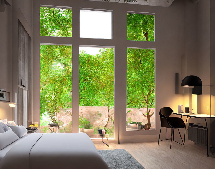 Spacious modern bedroom with large windows and lush green view