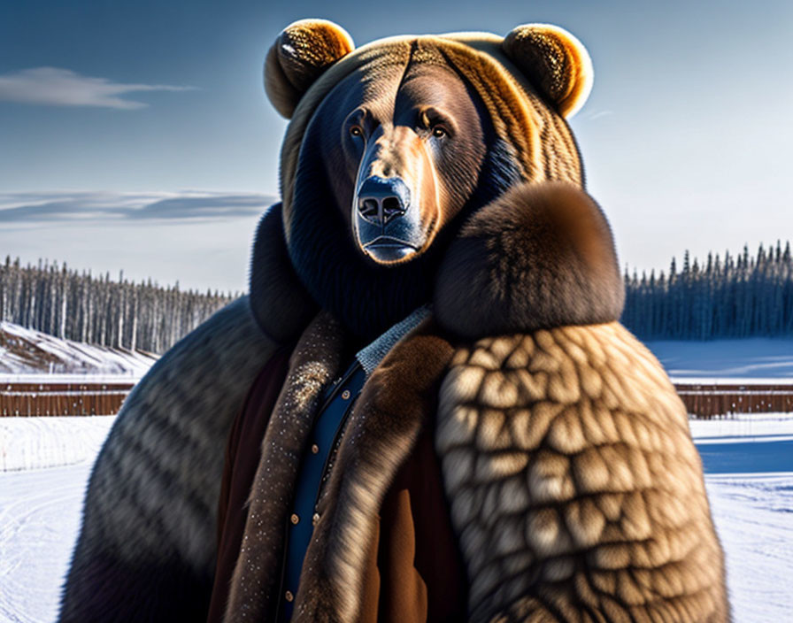 Stylish anthropomorphic bear in coat and scarf in snowy landscape