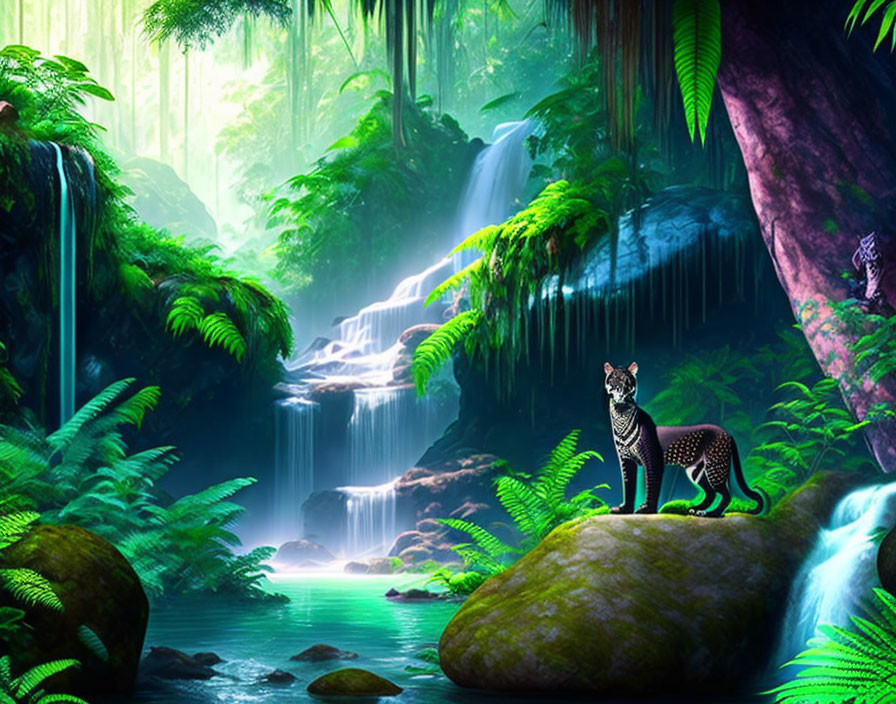 Majestic leopard in lush forest with waterfalls and blue lighting