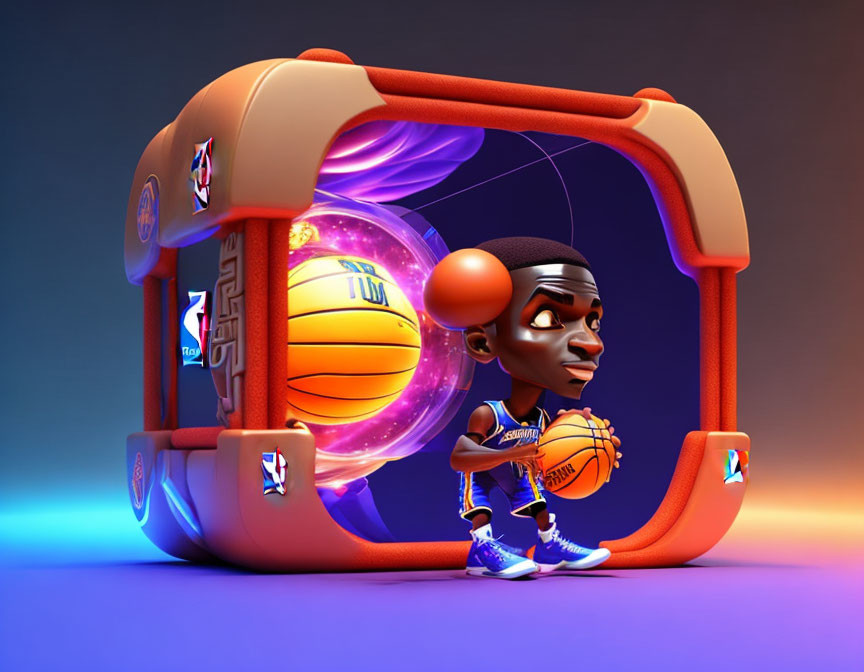 Stylized 3D basketball player with enlarged head and hoop illustration