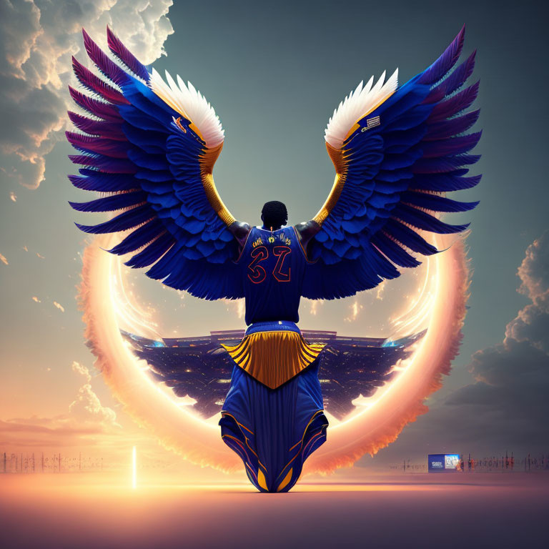 Person with Majestic Blue and Yellow Wings Facing Glowing Portal in Surreal Landscape