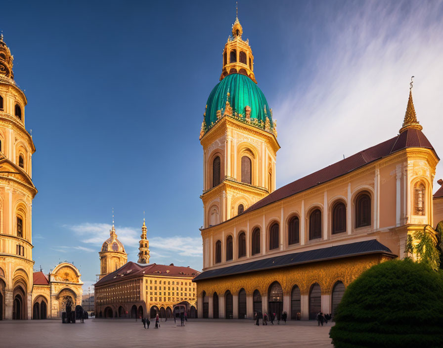 Baroque-style building with green dome under blue sky and people in courtyard at sunset