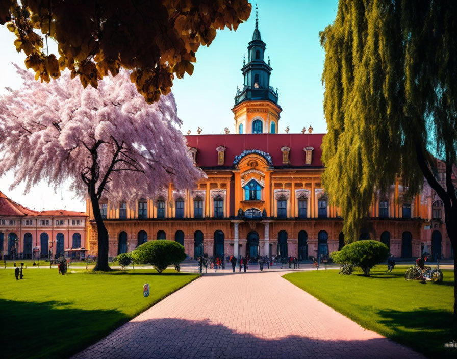 Historic building with clock tower, lush greenery, cherry blossoms, blue sky