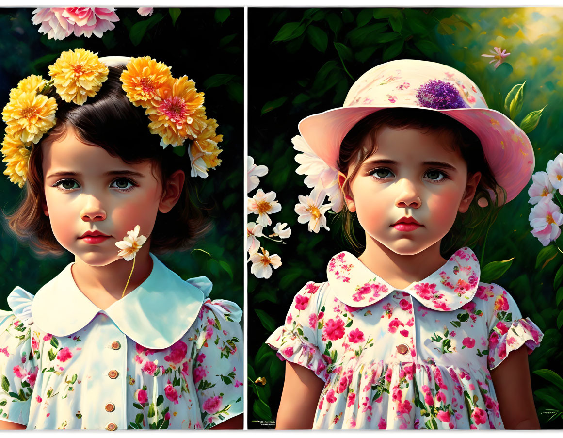 Young girl with dark hair in floral crown and flower-patterned dress, pink sun hat, green foliage