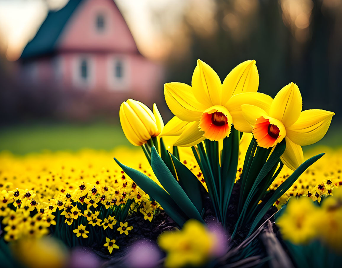 Vibrant Yellow Daffodils and House in Garden Sunset Scene