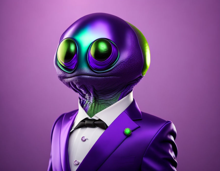 Stylized alien with green eyes in purple suit and bow tie on purple background