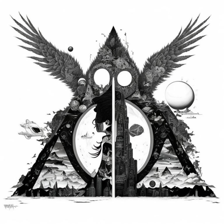 Monochrome surreal illustration with central universe-themed figure and celestial elements