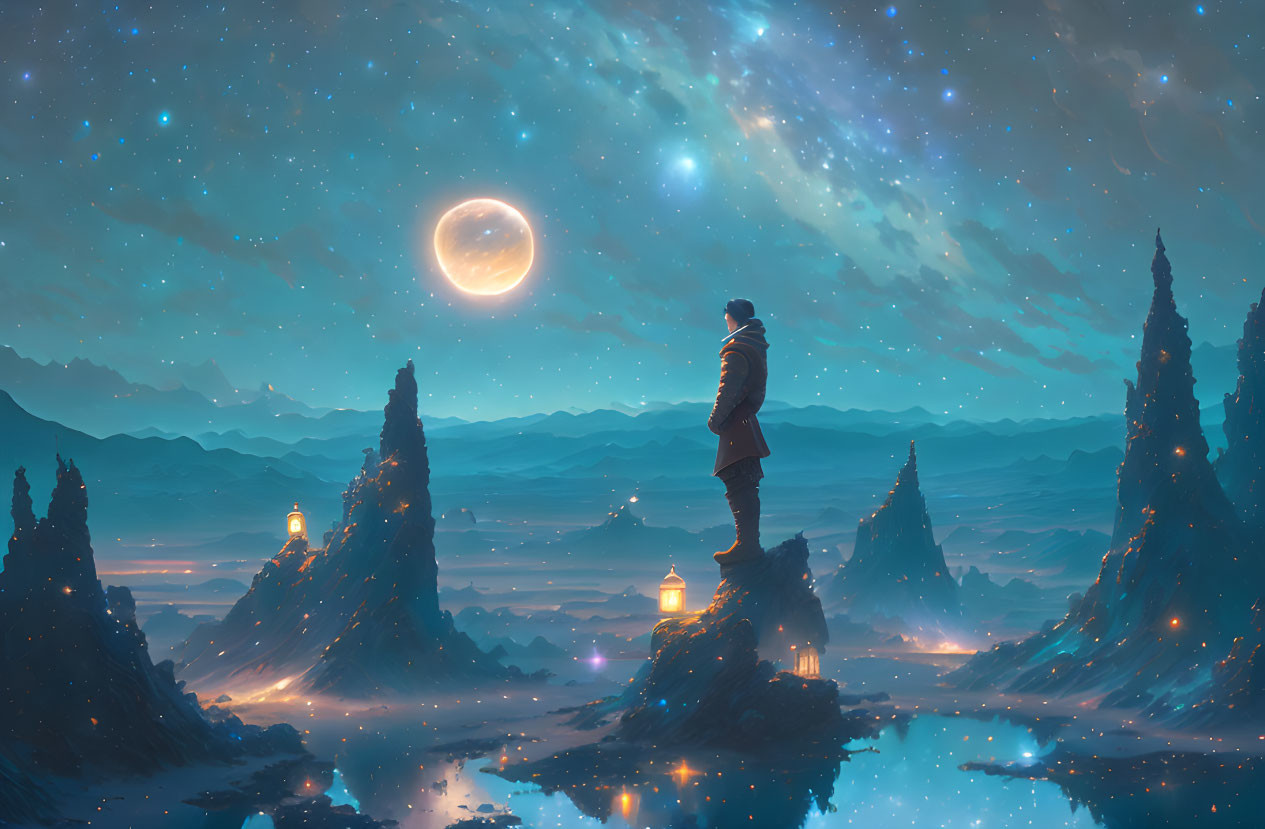 Figure on Cliff Overlooking Mystical Landscape with Illuminated Peaks