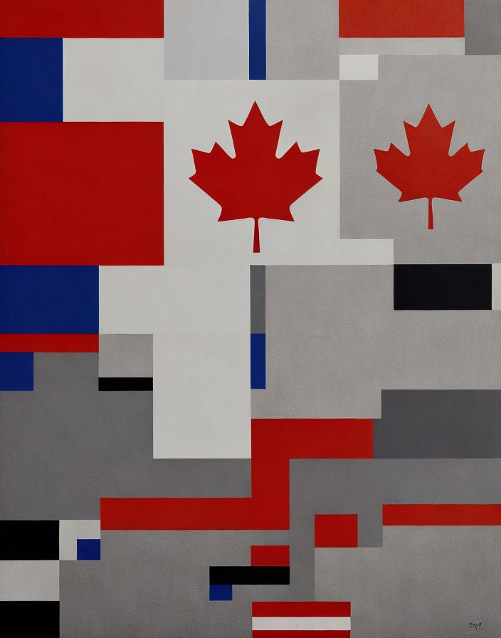 Geometric painting with red and white maple leaves on interlocking rectangles.