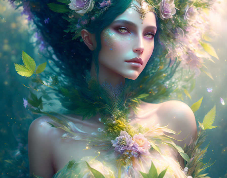 Vibrant portrait of female figure with green hair in nature-inspired setting