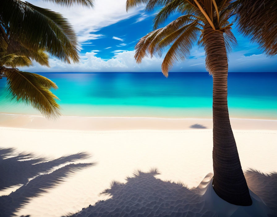 Sunny Tropical Beach with Curved Palm Tree