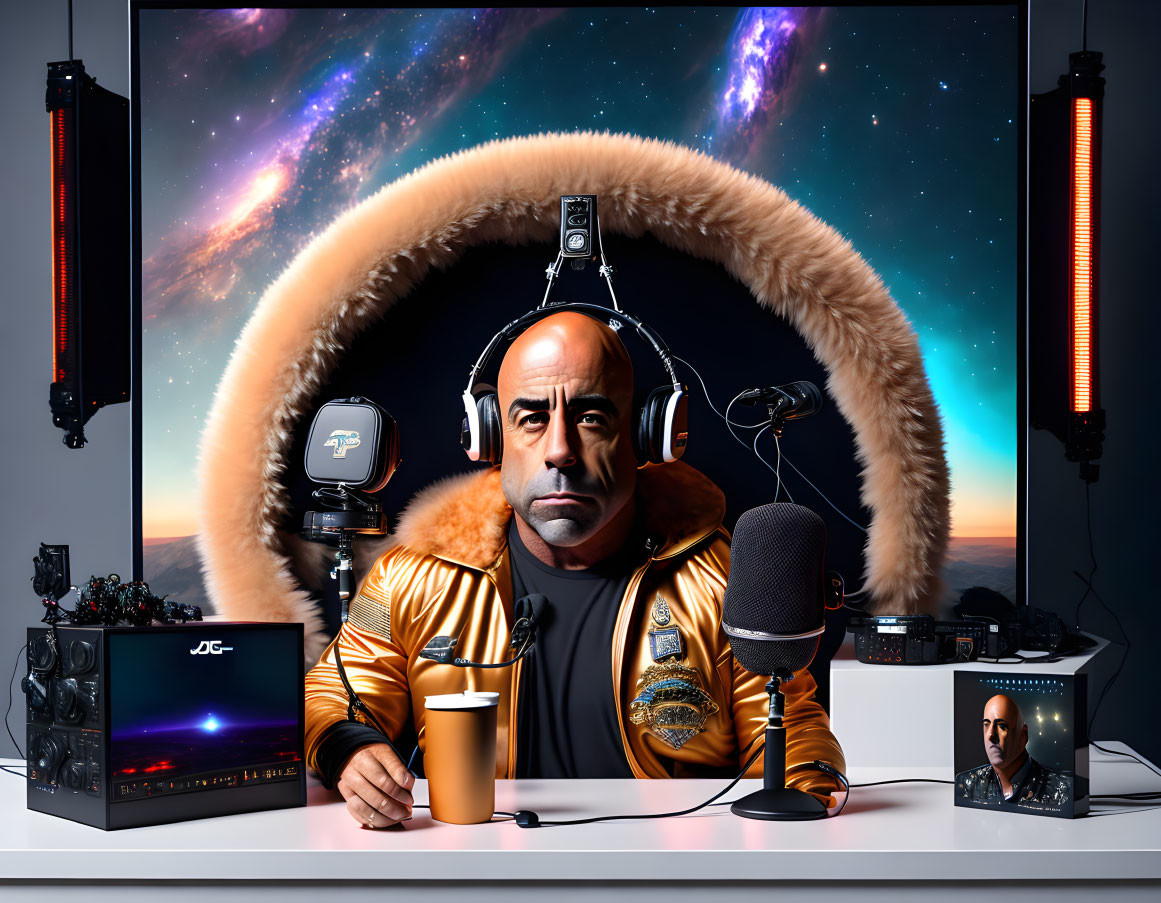 Golden flight jacket person surrounded by gaming setups in cosmic background with microphone and coffee cup