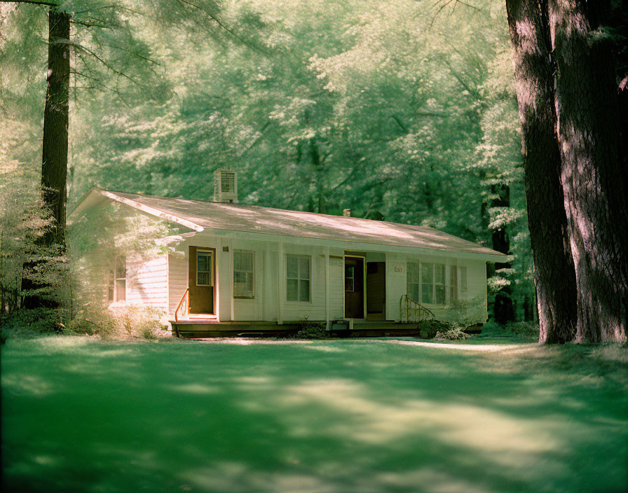 Single-story house surrounded by lush green trees under sunlight.