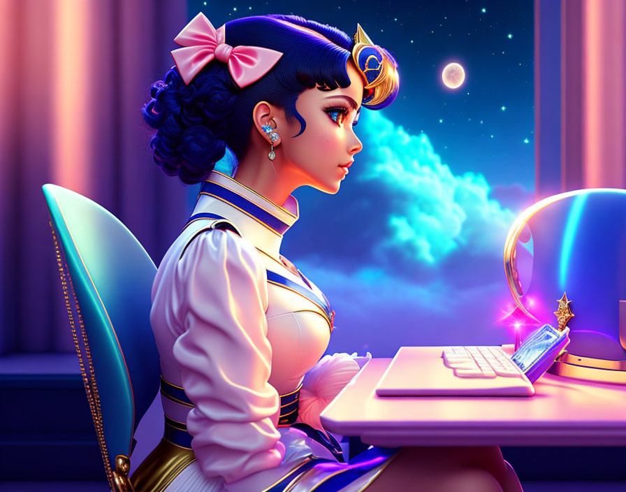 Illustration of woman with blue hair at window with cosmic view working on computer