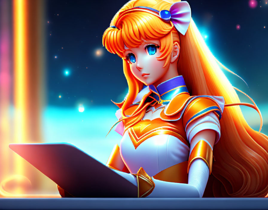 Blonde animated character in sailor outfit using laptop on cosmic background