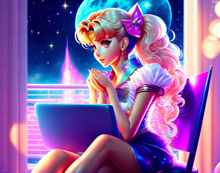 Blonde girl in school uniform with bow, laptop, cosmic background