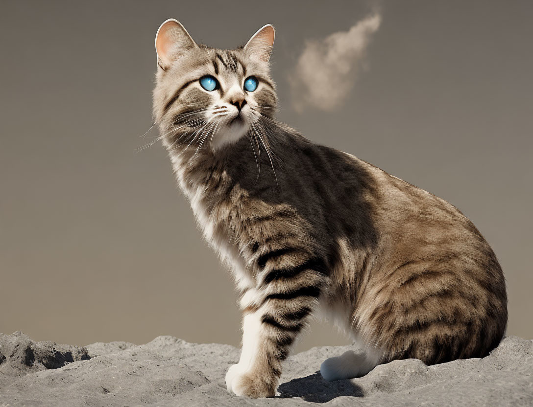 Tabby cat with blue eyes on rocky surface gazing upwards