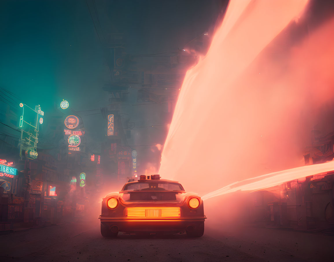 Futuristic car with glowing lights in neon-lit cyberpunk cityscape