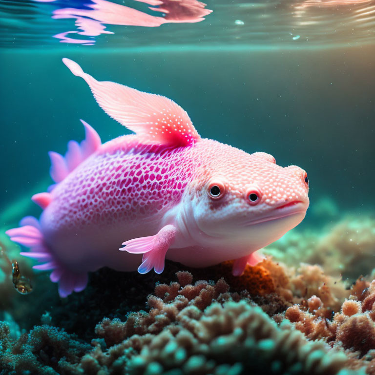 Pink Axolotl Swimming Above Coral with Feathery Gills and Gentle Eyes