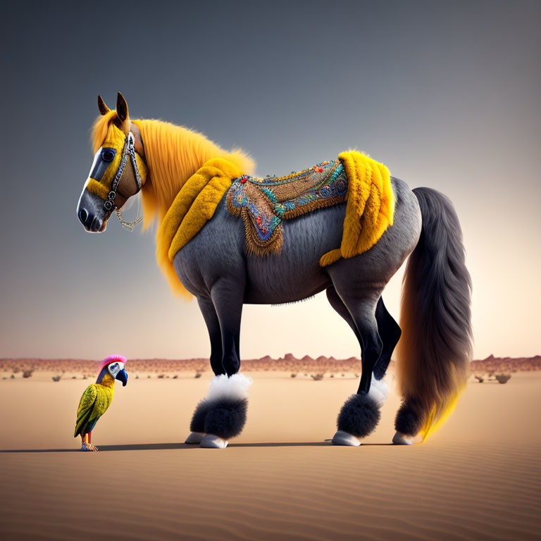 Colorful parrot and majestic horse with luxurious mane in vibrant desert scene