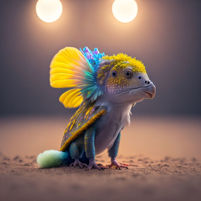 Colorful lizard-like creature with spiky scales and vibrant wings on soft light backdrop