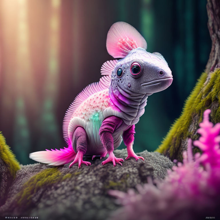 Colorful Gecko-Like Creature with Butterfly Wing Ears in Enchanted Forest