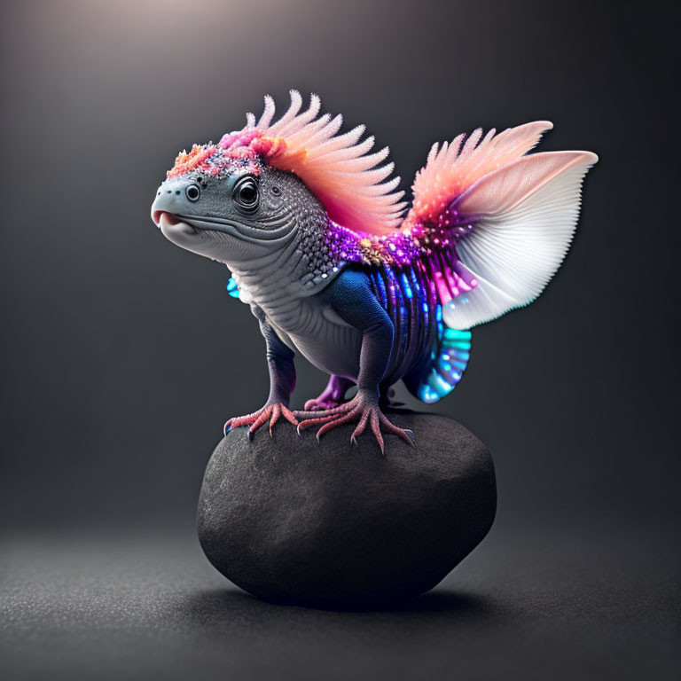 Colorful creature with lizard body and butterfly wings on rock.