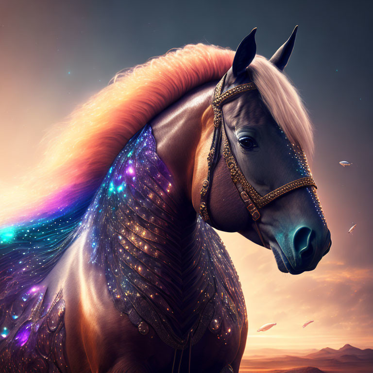 Majestic horse with galaxy-themed mane and sparkling bridle at twilight