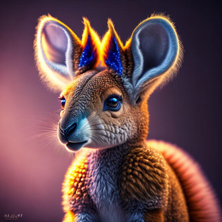 Whimsical kangaroo digital art with oversized ears and blue flame-like markings on purple background