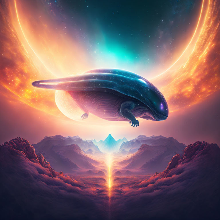 Surreal whale-like creature above mountain landscape with cosmic background