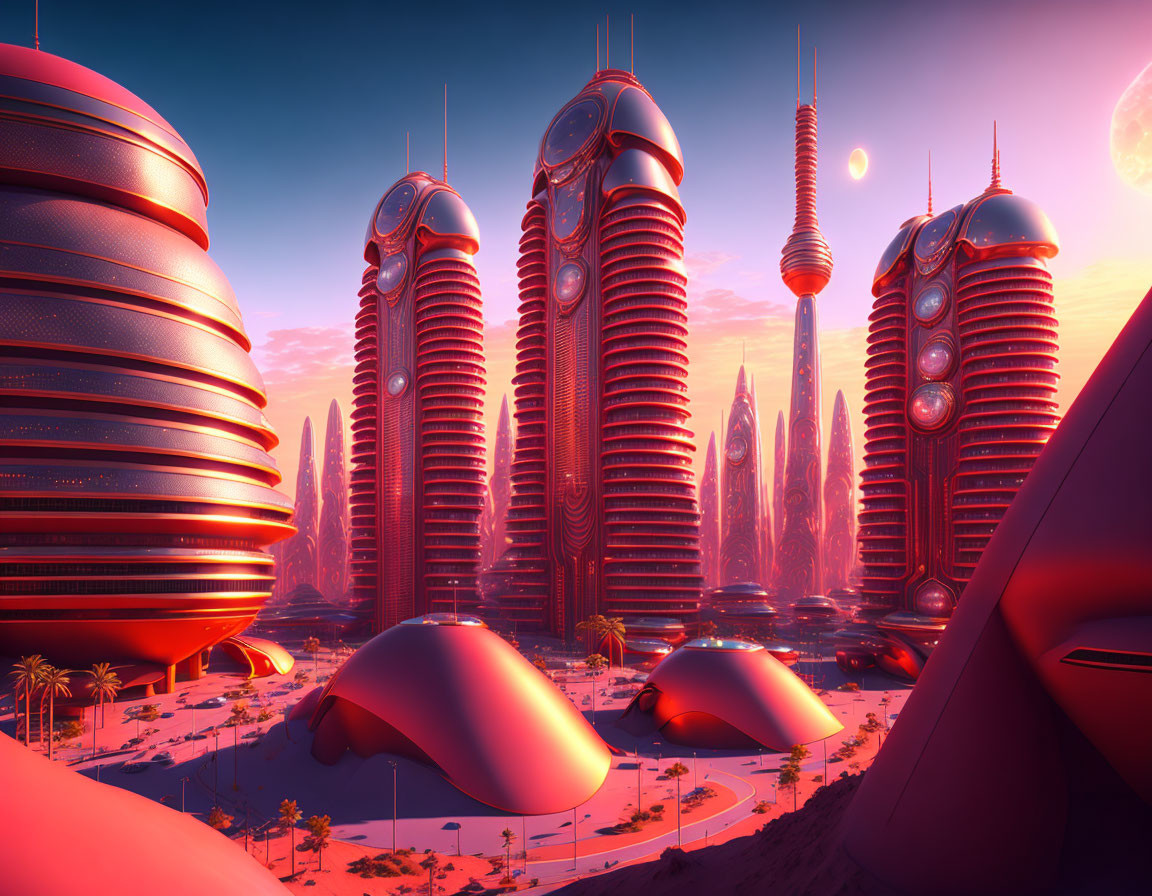 Futuristic cityscape at sunset with tall buildings and palm trees