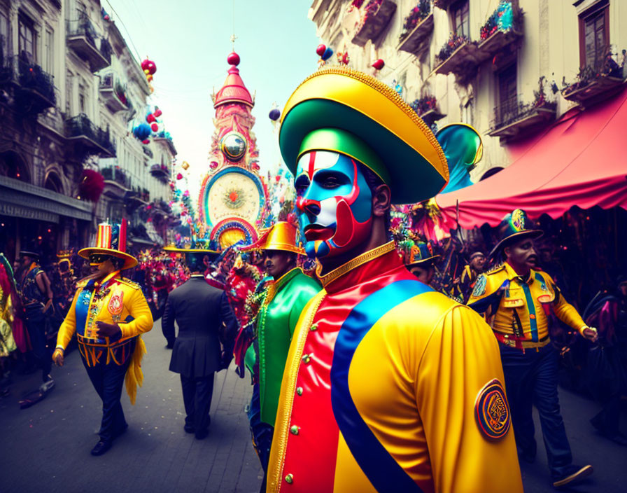 Vibrant street parade with colorful costumes and masks