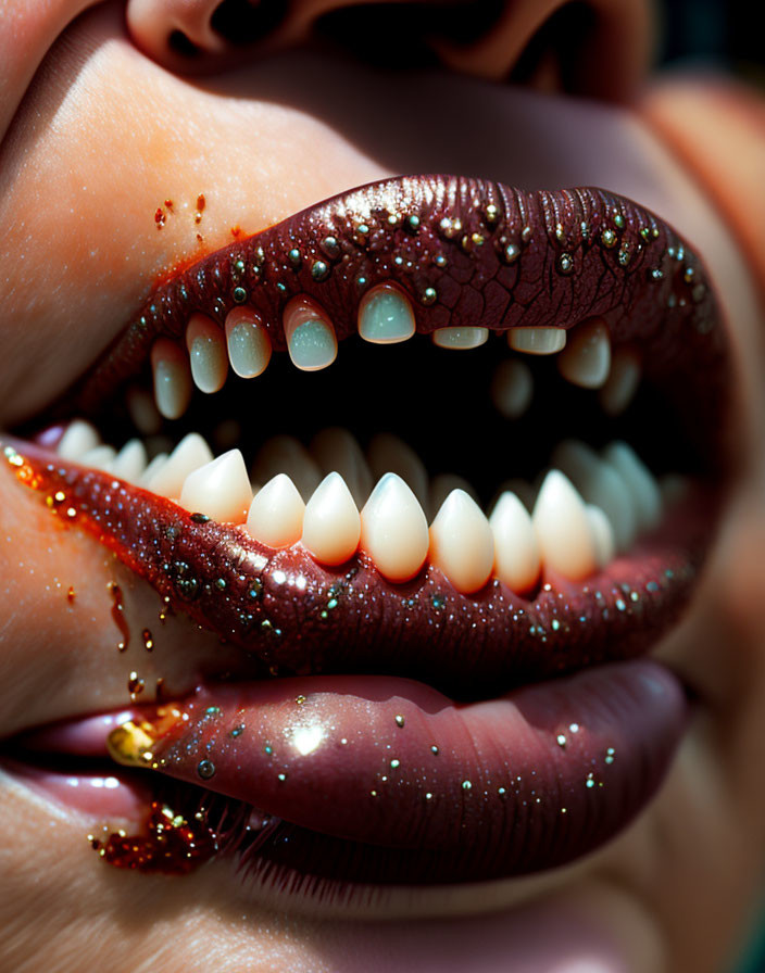 Detailed image of sharp teeth, glittery lips, and shiny liquid trickle.