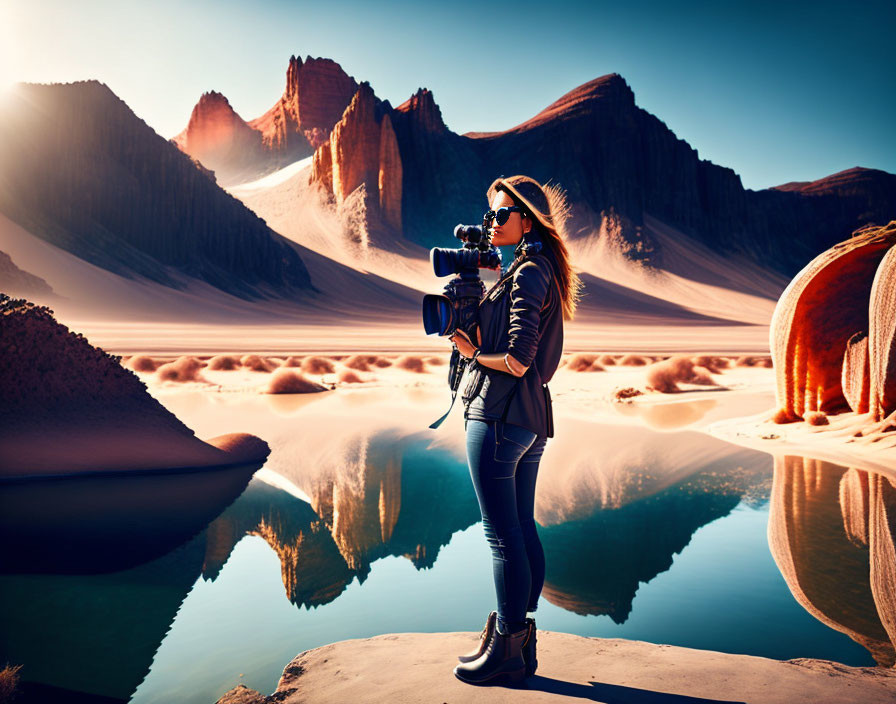 Photographer captures serene desert water body with mountains under clear blue sky