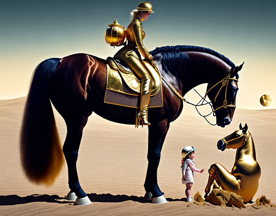 Surreal image of child, toy horse, and rider in desert scene