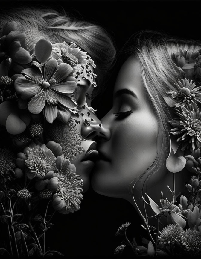 Monochromatic image of faces with floral textures.