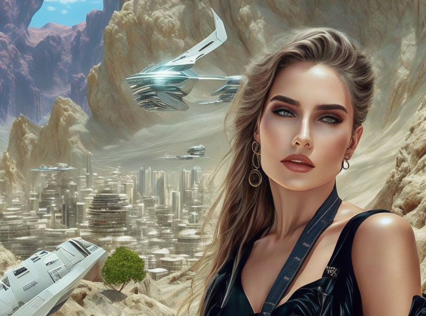 Digital artwork featuring woman with futuristic cityscape