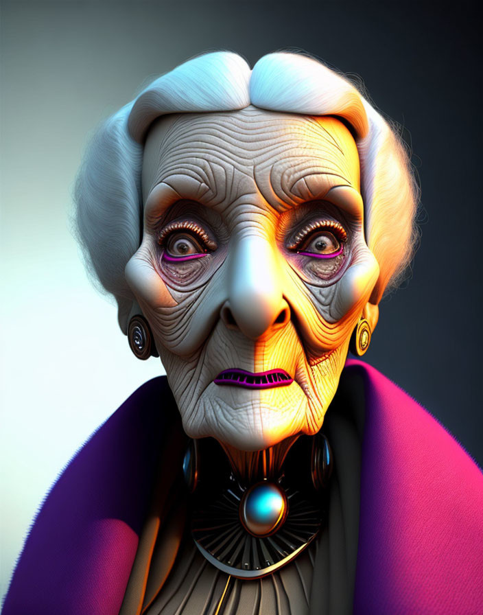 Detailed 3D Render of Elderly Woman with Purple Eyes and White Hair