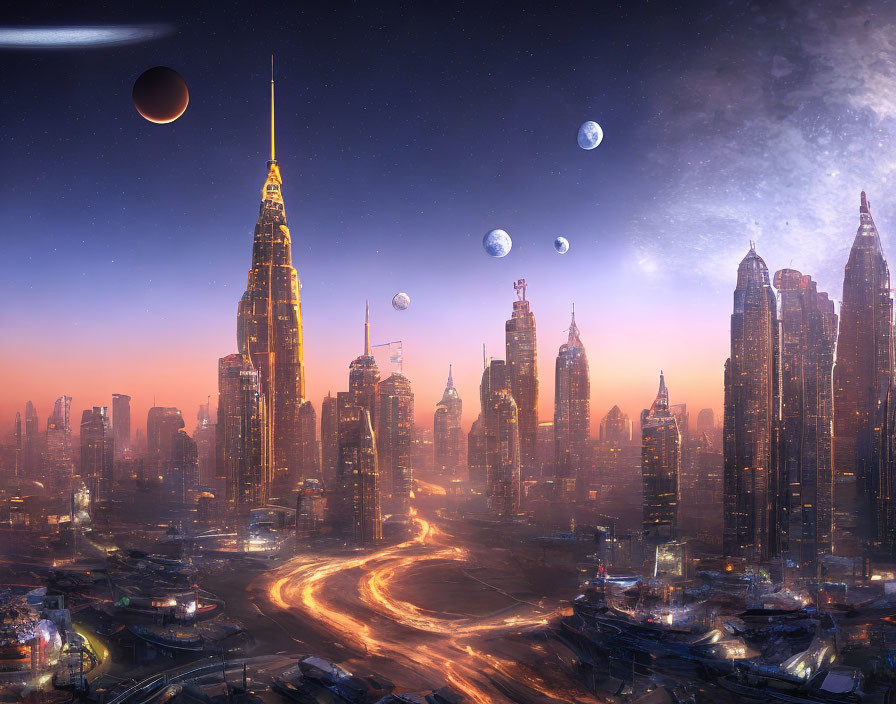 Futuristic cityscape at dusk with skyscrapers and multiple moons in sky