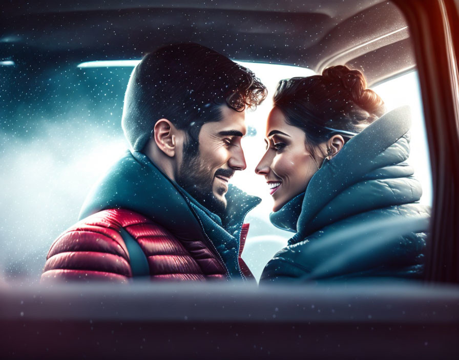 Man and woman in winter attire share affectionate moment in car during snowfall.