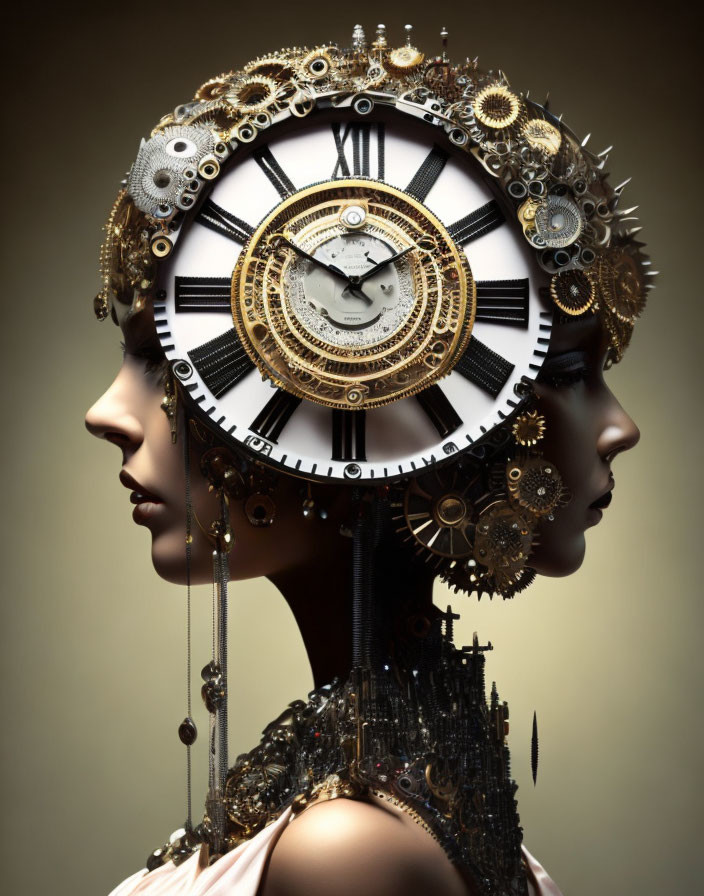 Conceptual art: Two women profiles with clockwork heads symbolizing time and thought.