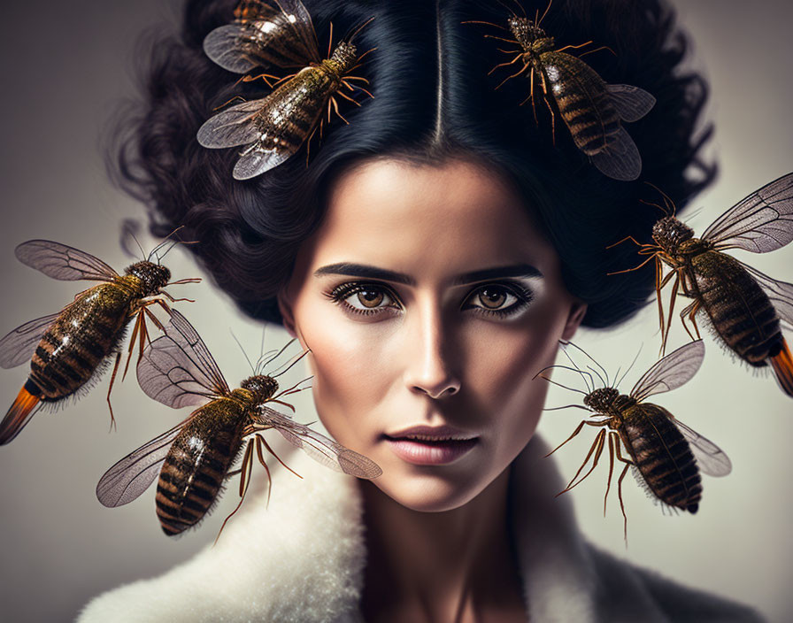 Dark-haired woman with insect-themed updo in hyperrealistic style.